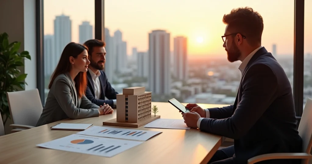 Casal observando maquete de prédio com gráficos de crescimento ao fundo