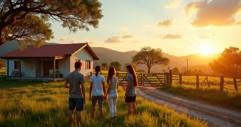 Família observando chácara com natureza e planejando compra rural