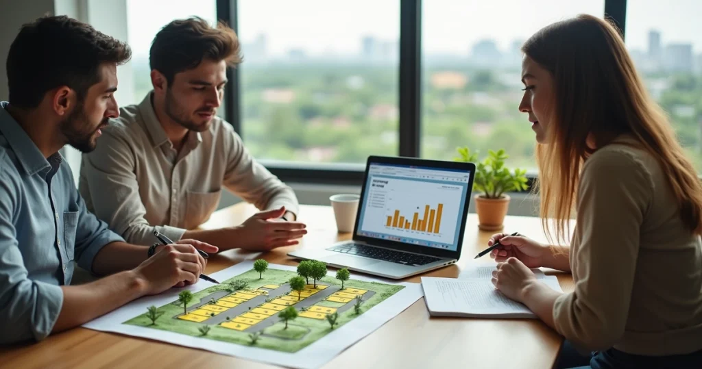 Casal analisando mapa de loteamento sobre mesa com maquete de terreno
